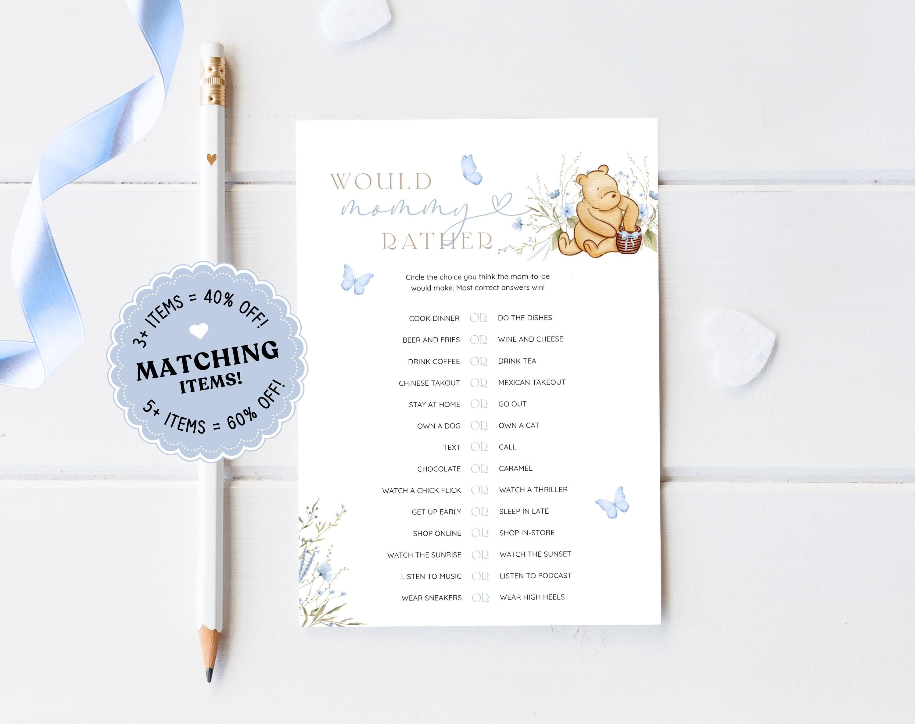 Would mommy rather Baby shower game Winnie the pooh Games Printable Blue Boy Baby shower activities Winnie the pooh decorations TBS18