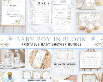 May include: Printable baby shower bundle with a blue and white floral theme. The bundle includes invitations, thank you cards, games, signs, and decorations. The text "Baby Boy in Bloom" is featured on the front of the bundle.