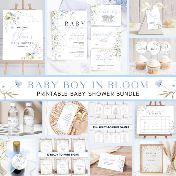 Baby in bloom Baby shower Invitation Baby boy in bloom Bundle Dusty blue wildflower Baby shower favors Blue baby in bloom decor Games BBS17