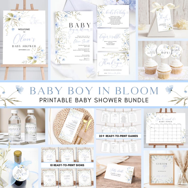 May include: Printable baby shower bundle with a blue and white floral theme. The bundle includes invitations, thank you cards, games, signs, and decorations. The text "Baby Boy in Bloom" is featured on the front of the bundle.