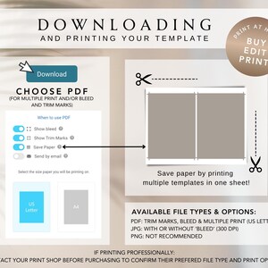 Pu&ograve; includere: Una guida sul download e la stampa di un modello. L'immagine mostra una grafica con istruzioni su come scegliere un tipo di file PDF, selezionare le opzioni di stampa e risparmiare carta stampando pi&ugrave; modelli su un unico foglio. I tipi di file disponibili sono PDF, JPG e PNG.
