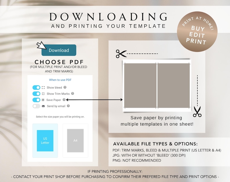 Pu&ograve; includere: Una guida sul download e la stampa di un modello. L'immagine mostra una grafica con istruzioni su come scegliere un tipo di file PDF, selezionare le opzioni di stampa e risparmiare carta stampando pi&ugrave; modelli su un unico foglio. I tipi di file disponibili sono PDF, JPG e PNG.