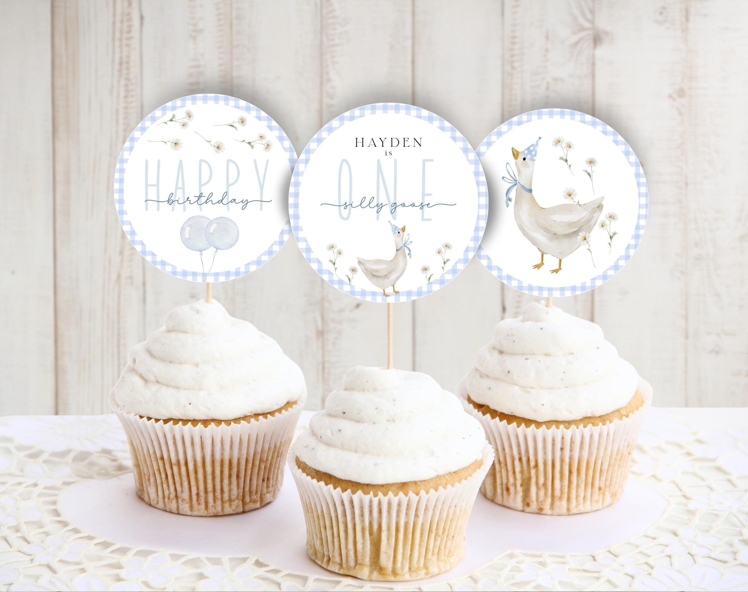One Silly Goose Birthday Cupcake Topper 1st Birthday Boy Blue