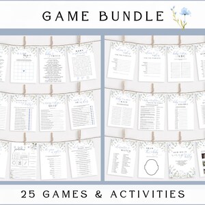 May include: A set of 25 printable baby shower games and activities. The games are printed on white paper with a light blue and white floral design. The games include baby trivia, baby animal bingo, baby word scramble, and more.