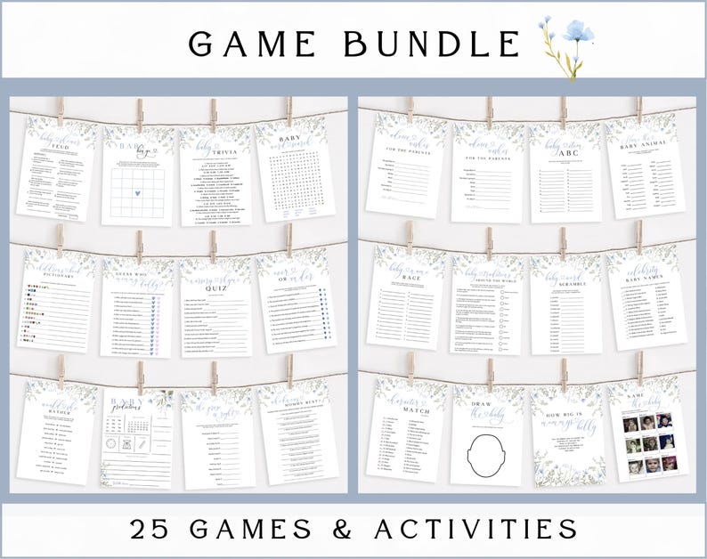 May include: A set of 25 printable baby shower games and activities. The games are printed on white paper with a light blue and white floral design. The games include baby trivia, baby animal bingo, baby word scramble, and more.