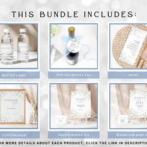 May include: A blue and white baby shower bundle includes a bottle label, pop the bottle tag, menu, custom sign, diaper raffle set, and books for baby set. The items feature a floral design with blue and white accents.