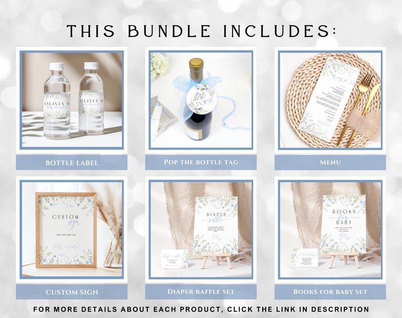 May include: A blue and white baby shower bundle includes a bottle label, pop the bottle tag, menu, custom sign, diaper raffle set, and books for baby set. The items feature a floral design with blue and white accents.
