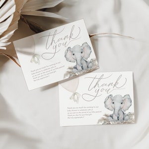 Elephant boho baby shower thank you card/note template | downloadable | FREE edit | balloon neutral minimalistic set pampas boho BBS10
