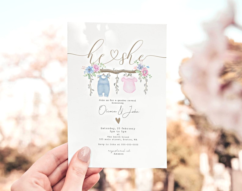 Digital Gender reveal invite - Printable Unique Gender Reveal Ideas, Bohemian gender reveal, Pink Baby blue, Gender Reveal Invitation GR04 image 3