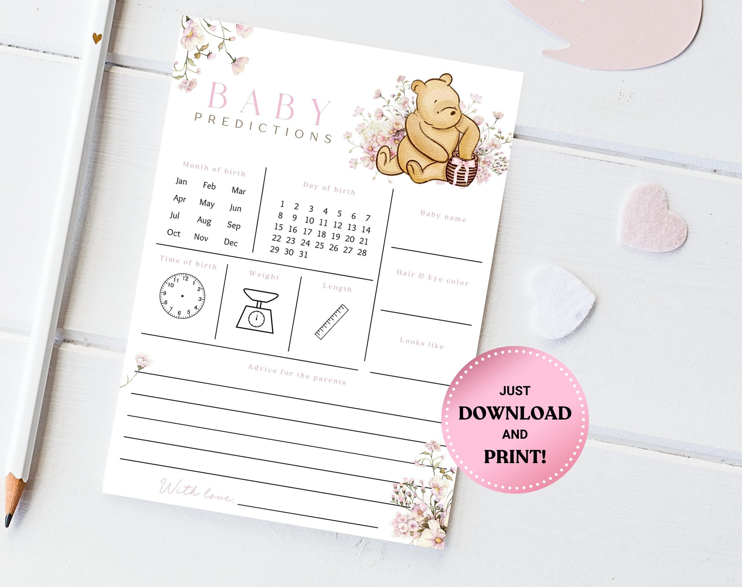 Winnie the Pooh Baby Shower Predictions Winnie the Pooh Baby shower games Pooh bear Pink baby shower Baby predictions It's a girl BBS44