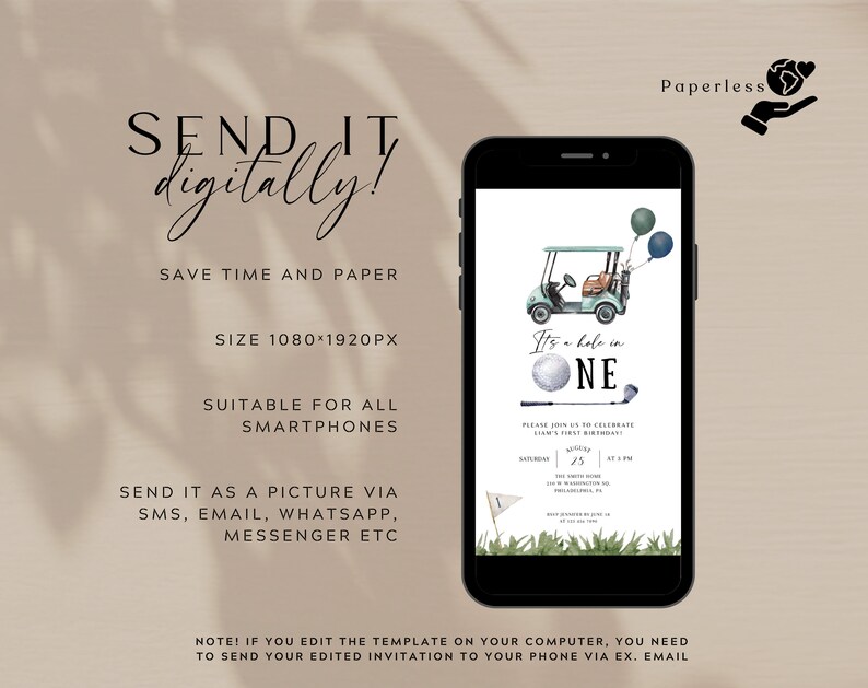 May include: A digital invitation for a first birthday party with a golf theme. The invitation features a cartoon golf cart with a golf ball that says "It's a hole in one". The invitation is designed to be sent digitally via email, text message, or social media.