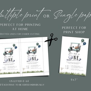 May include: Printable invitation for a first birthday party with a golf theme. The invitation features a green golf cart with a golf ball and the text "It's a hole in one".
