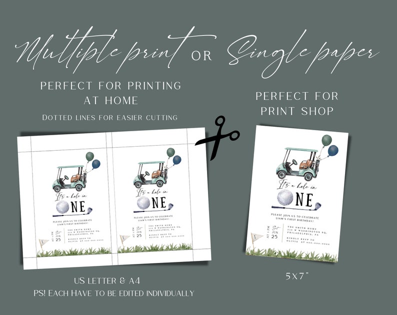 May include: Printable invitation for a first birthday party with a golf theme. The invitation features a green golf cart with a golf ball and the text "It's a hole in one".