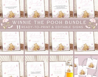 Winnie the pooh Baby shower decorations Sign bundle Diaper raffle Winnie the Pooh baby shower It's a girl! Pooh bear Baby shower game BBS44