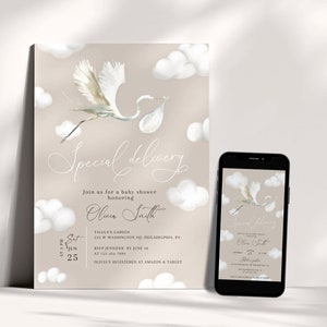 Boho baby shower party Invitation, Gender Reveal, Bohemian design, Digital template, Neutral print, DIY Personalized, Sprinkle, Clouds BBS23