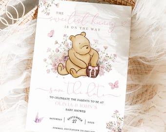 Winnie the pooh baby shower invitations Save the date Printable Pink Winnie the Pooh baby shower invite Pooh bear Baby shower BBS44