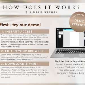 Pu&ograve; includere: Una grafica che mostra come utilizzare un modello digitale. La grafica mostra un laptop con uno schermo che mostra un editor di modelli e testo che spiega i tre passaggi: accesso immediato, modifica nel browser e download e stampa. La grafica include anche un cerchio dorato con il testo "Prova prima di acquistare Versione demo".