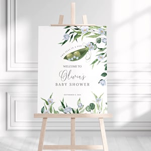Twin boys baby shower welcome sign, Two peas in a pod, twin boys welcome sign, editable template, blue flowers, DIY baby shower decor, BBS21