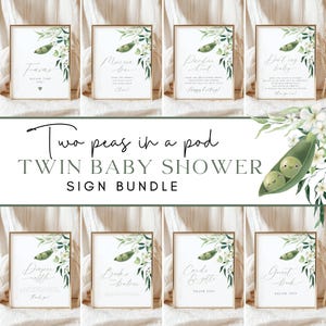 May include: A set of ten printable signs for a twin baby shower. The signs feature a green pea pod with two peas inside, white flowers, and green leaves. The signs have text that says "Favours", "Mimosas Bar", "Pacifier Hunt", "Don't Say Baby", "Diaper Raffle", "Books for Babies", "Cards & Gifts", "Guest Book", "Two Peas in a Pod", and "Twin Baby Shower Sign Bundle".