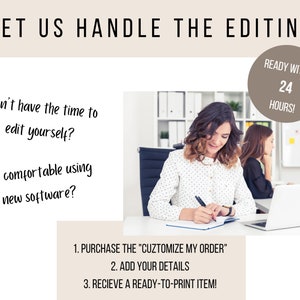 May include: A woman sits at a desk in an office, writing in a notebook. The text on the image reads "Let us handle the editing. Don't have the time to edit yourself? Not comfortable using new software? 1. Purchase the "Customize My Order" 2. Add your details 3. Receive a ready-to-print item!"  A circle with the text "Ready within 24 hours!" is in the top right corner of the image.