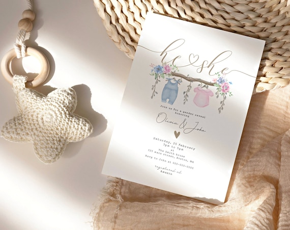 Unique Gender Reveal Ideas Boho Gender reveal invite Bohemian gender reveal Pastel pink Baby blue Digital Gender Reveal Invitation GR04