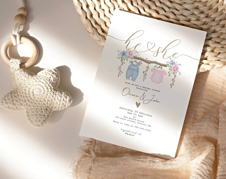 Digital Gender reveal invite - Printable Unique Gender Reveal Ideas, Bohemian gender reveal, Pink Baby blue, Gender Reveal Invitation GR04 image 1