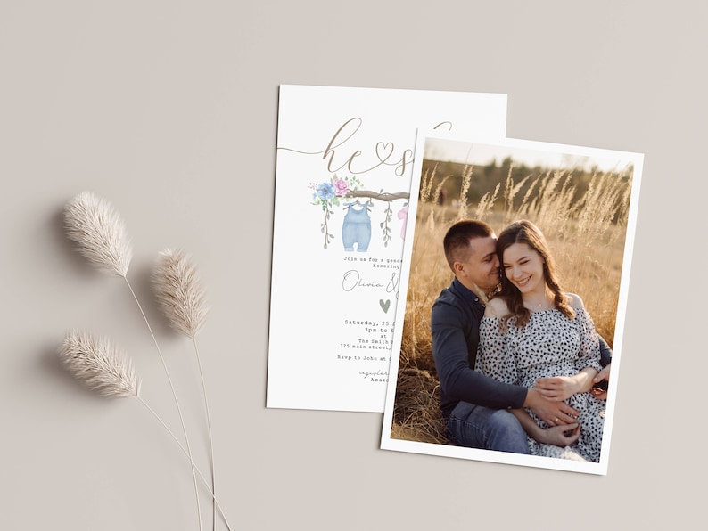 May include: A baby shower invitation with a watercolor illustration of a branch with two baby onesies hanging from it. The text on the invitation reads "He or She?" and includes the date, time, and location of the shower. A photo of a pregnant couple is included in the background.