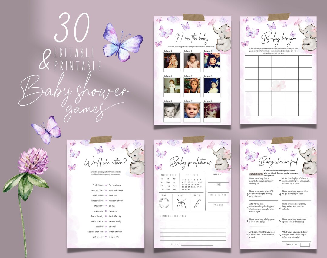 Butterfly BABY SHOWER GAMES Activities Edit&print Baby Shower Bingo