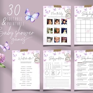 Butterfly BABY SHOWER GAMES activities | Edit&print | Baby shower bingo Guess the arrival Books for baby | Elephant baby shower BBS14