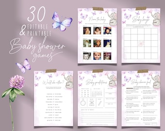May include: A collection of 30 editable and printable baby shower games. The designs feature watercolor butterflies and an elephant illustration. Games include "Name the Baby", "Baby Bingo", "Would She Rather?", "Baby Predictions", and "Baby Shower Fund".