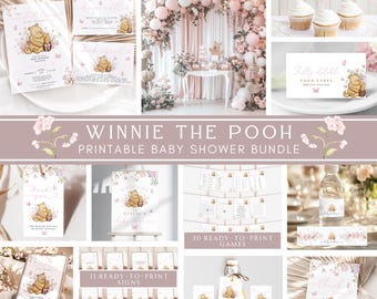 Winnie the pooh Baby shower Decorations Winnie the Pooh Baby shower Invitation Bundle Winnie the pooh baby shower games Pink Boho Bear BBS44