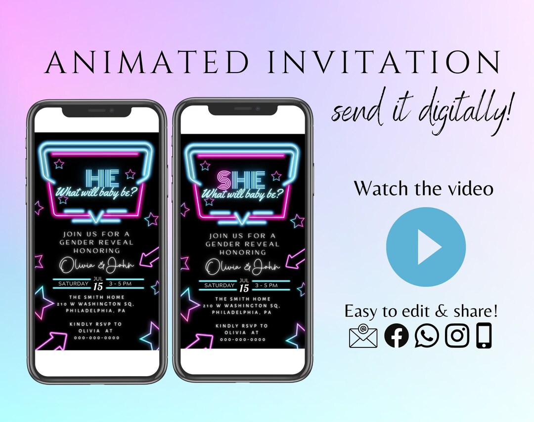 Animated Gender Reveal Video Invitation, Neon Glow Evite, Pink and Blue