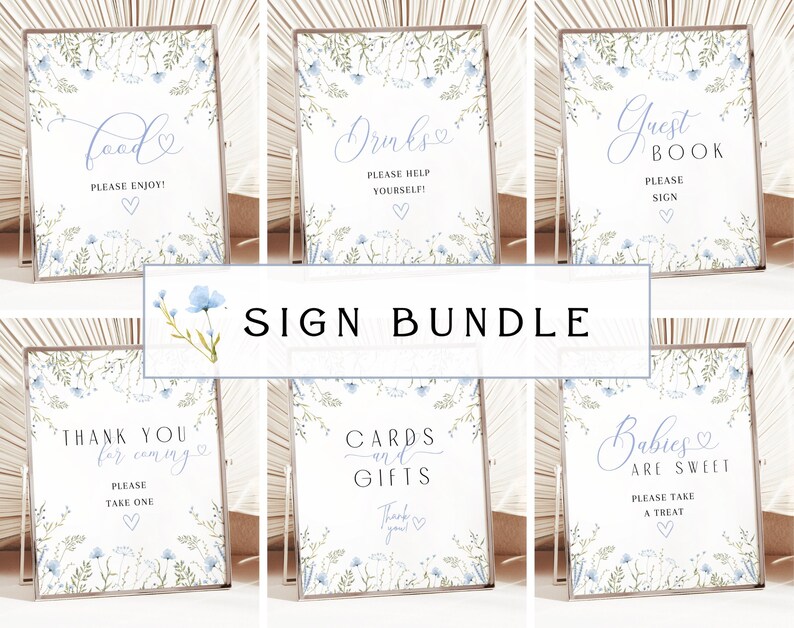May include: A set of ten printable baby shower signs with a floral design featuring blue flowers and green leaves. The signs include text such as "Food", "Drinks", "Guest Book", "Thank You for Coming", "Cards and Gifts", and "Babies are Sweet".