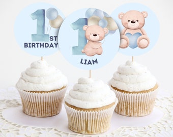 FBD03 CUPCAKE TOPPERS 1ST birthday party decor - part of bundle | teddy bear balloons watercolor baby boy one year first birthday
