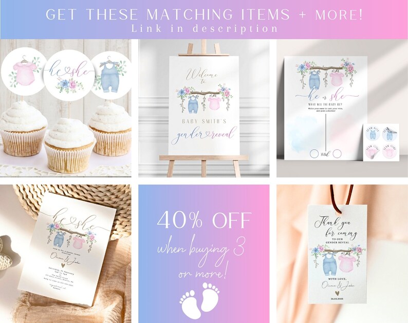 Digital Gender reveal invite - Printable Unique Gender Reveal Ideas, Bohemian gender reveal, Pink Baby blue, Gender Reveal Invitation GR04 image 4