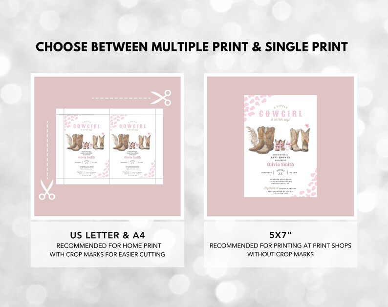 May include: Two printable designs for a baby shower invitation. The design features a pink background with a cowgirl theme. The text on the invitation reads "A Little Cowgirl is on her way". The invitation is available in two sizes: US Letter & A4 and 5x7 inches.