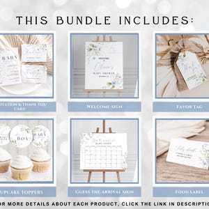 May include: A bundle of printable baby shower decorations in a blue and white color scheme with floral accents. The bundle includes an invitation and thank you card, a welcome sign, a favor tag, cupcake toppers, a guess the arrival sign, and a food label. The text on the welcome sign reads "Welcome to Olivia's Baby Shower".