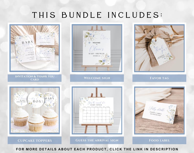 May include: A bundle of printable baby shower decorations in a blue and white color scheme with floral accents. The bundle includes an invitation and thank you card, a welcome sign, a favor tag, cupcake toppers, a guess the arrival sign, and a food label. The text on the welcome sign reads "Welcome to Olivia's Baby Shower".