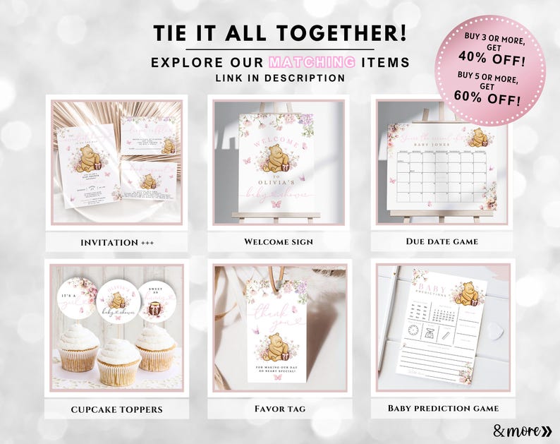 May include: A set of Winnie the Pooh themed baby shower printable items, including an invitation, welcome sign, due date game, cupcake toppers, favor tag, and baby prediction game. The items feature a pink and white color scheme with floral accents and a cute Winnie the Pooh illustration.