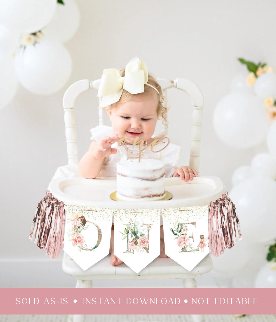 Fairy High Chair Banner - Pink Floral Fairy Party Decor For Girl's 1st Birthday 5 thumbnail image