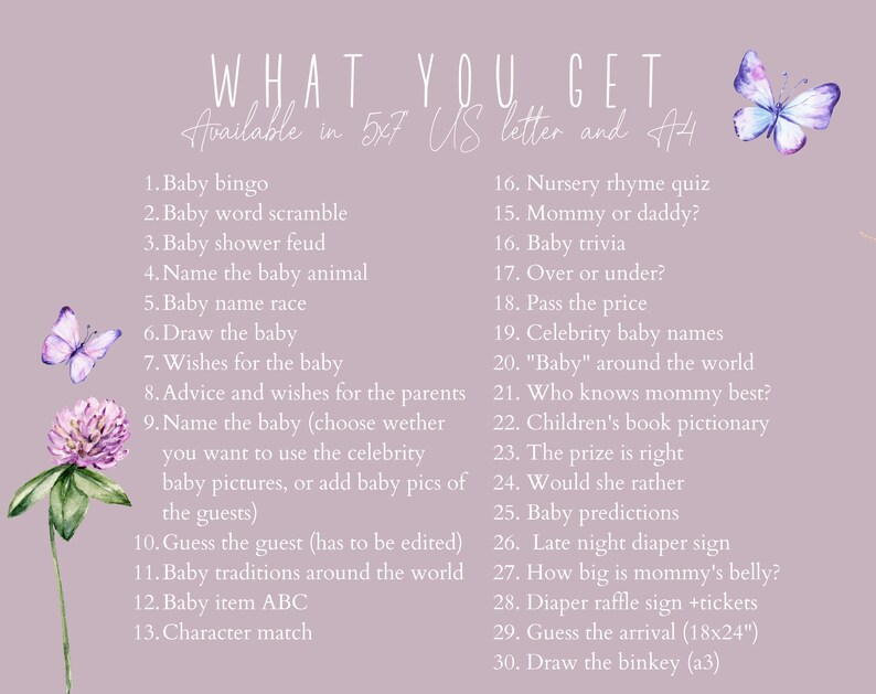 Butterfly BABY SHOWER GAMES Activities Edit&print Baby Shower Bingo