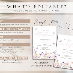 Pu&ograve; includere: Un modello di invito personalizzabile con un design a farfalla e fiori. Il testo "A Little Butterfly" &egrave; scritto in corsivo. Il modello pu&ograve; essere utilizzato per una variet&agrave; di eventi, come un baby shower o una festa di compleanno. Il testo "What's Editable?" e "Customize to Your Liking" &egrave; scritto in grassetto.