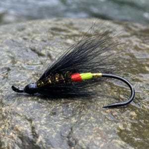 May include: A black fishing fly with a curved hook. The fly has a black body with gold accents, a red and yellow midsection, and black feather-like extensions. The fly is set against a gray, textured stone surface.