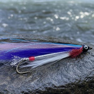 May include: A colorful fishing fly with a silver body, red accents, and a black head with white eyes. The fly features blue, purple, and pink feathers. It rests on a wet, gray rock with a blurred water background.