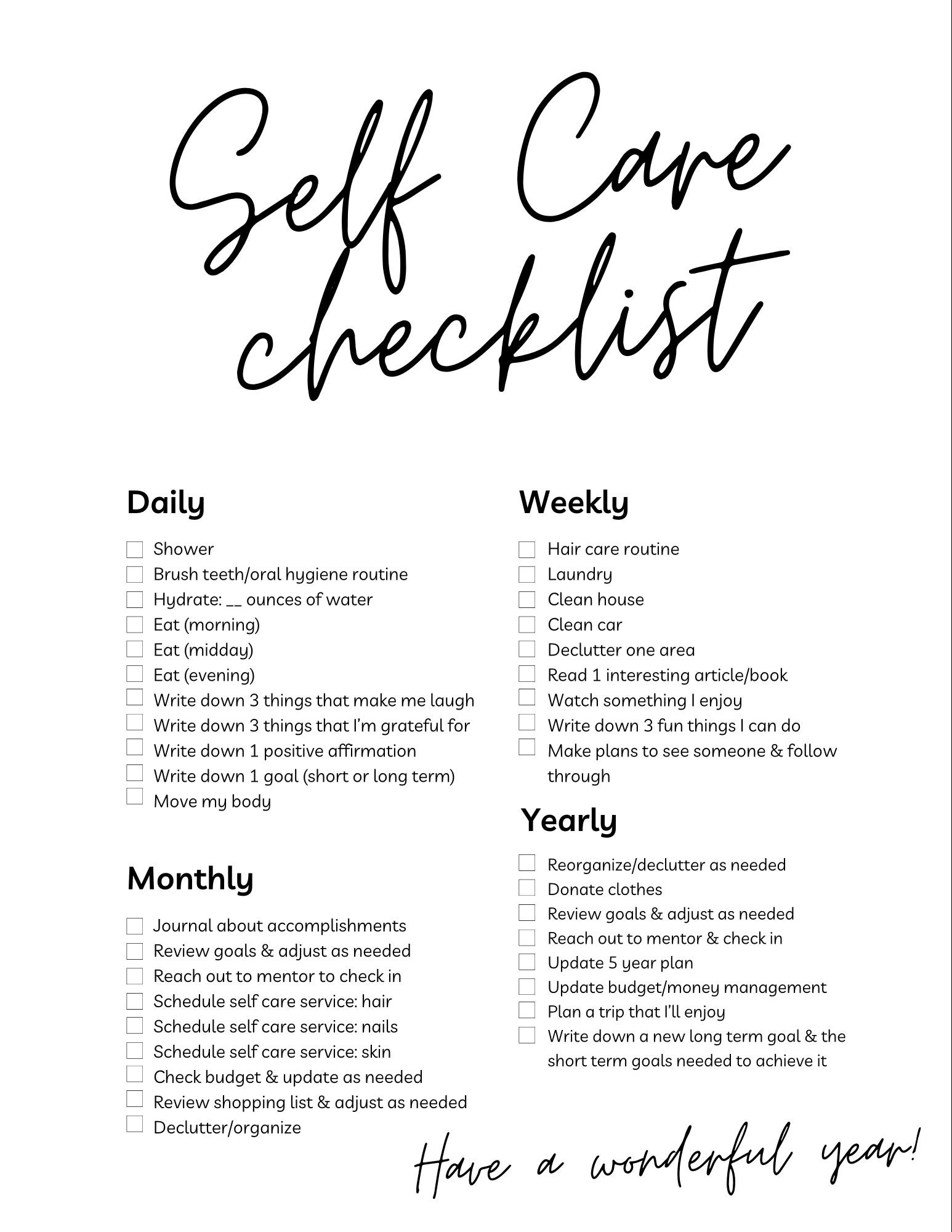 Self Care Checklist Tracker, Self Help Journal, Daily Routine