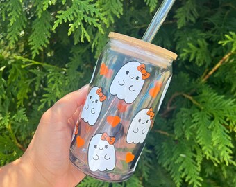 Cute Ghost Glass Cup/Coquette Ghost Cup/Halloween Glass Cup/Spooky Basket/Halloween Decor/Girl Ghost Cup/Halloween Tumbler/Halloween Favors