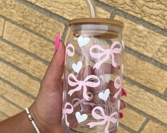 Pink Bow Glass Cup/Coquette Bow Cup/Gifts for Her/Bow & Heart Cup/Bridesmaid Cups/Cups with Bow