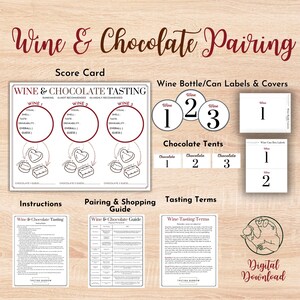 Combinatie wijn en chocolade, blind proeven, feestpakket wijn en chocolade, cadeaus voor hem of haar wijnliefhebber, digitale download