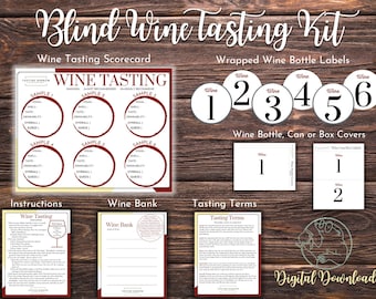 Könnte beinhalten: Ein "Blind Wine Tasting Kit" mit einer Weinverkostungskarte, Flaschenetiketten und -abdeckungen. Die Karte hat Felder für visuell, Geruch, Geschmack, Trinkbarkeit, Gesamt und Schätzung. Das Kit enthält Anweisungen und Tasting-Begriffe.