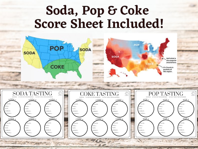 Puede incluir: Un mapa de los Estados Unidos que muestra las preferencias regionales para la soda, el pop y la coca-cola. El mapa est&aacute; dividido en tres secciones, con la secci&oacute;n m&aacute;s grande en el medio etiquetada como "Coca-Cola". La secci&oacute;n de la izquierda est&aacute; etiquetada como "Soda" y la secci&oacute;n de la derecha est&aacute; etiquetada como "Pop". Tambi&eacute;n hay tres hojas de puntuaci&oacute;n para la degustaci&oacute;n de soda, coca-cola y pop.